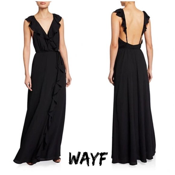 WAYF The Elise Open-back Ruffle Wrap Gown In Black.  Sz M - Picture 1 of 8